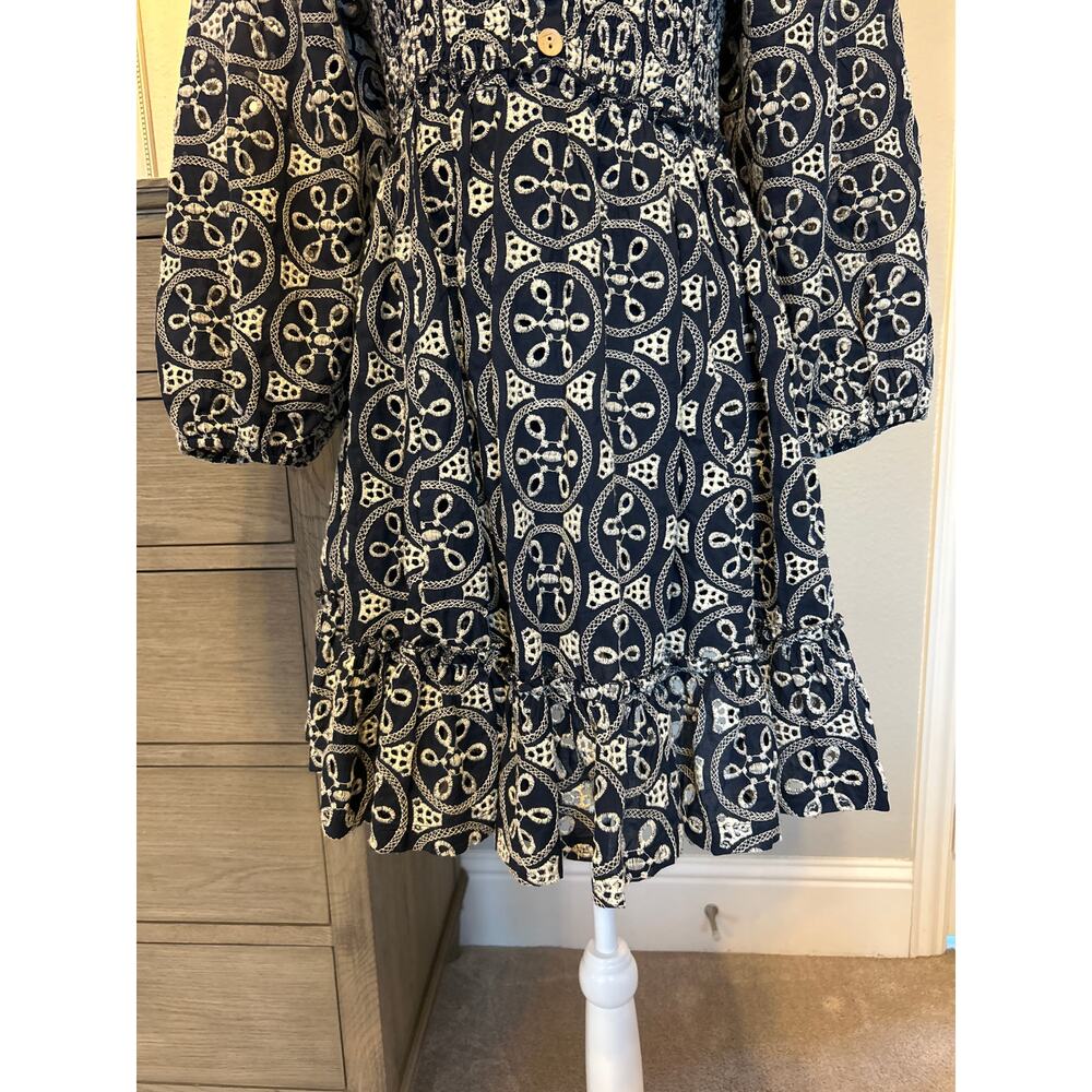 Lucca | 100% Cotton Navy/White Eyelit Babydoll Back Cutout Half Sleeve Dress | M - Picture 6 of 15